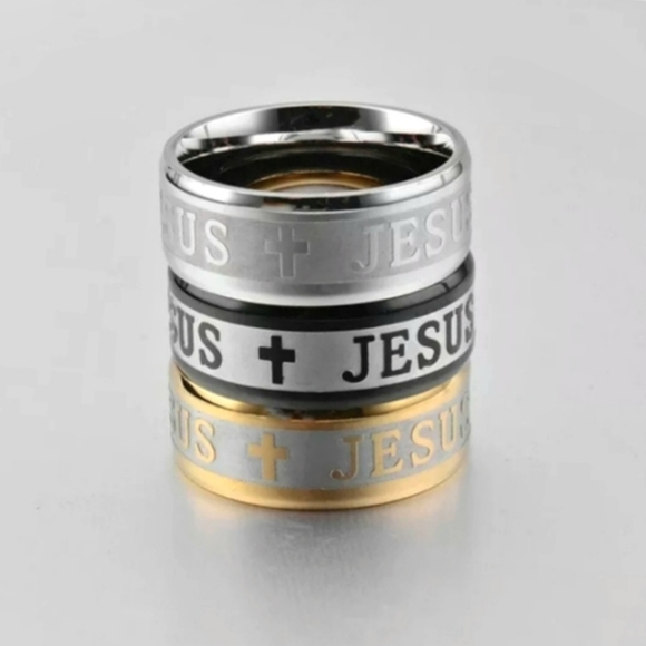 Silver Stainless Steel JESUS Insignia Emblem Embossed Engraved 8mm 8mm Band Ring - Picture 9 of 14
